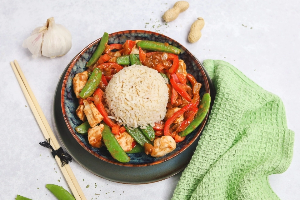 Chicken satay stir-fry with rice