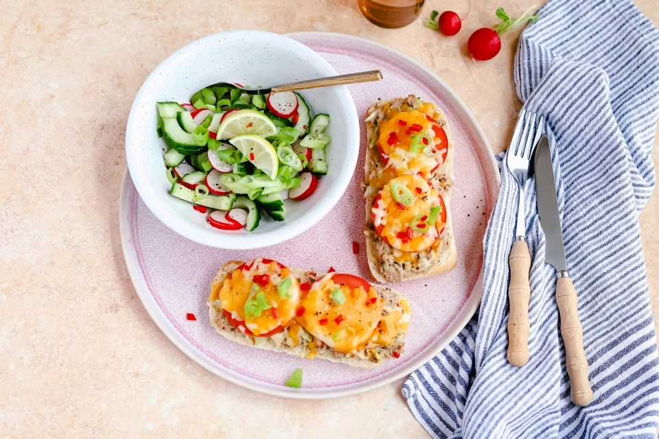 Ciabatta tuna & cheese with cucumber & radish salad