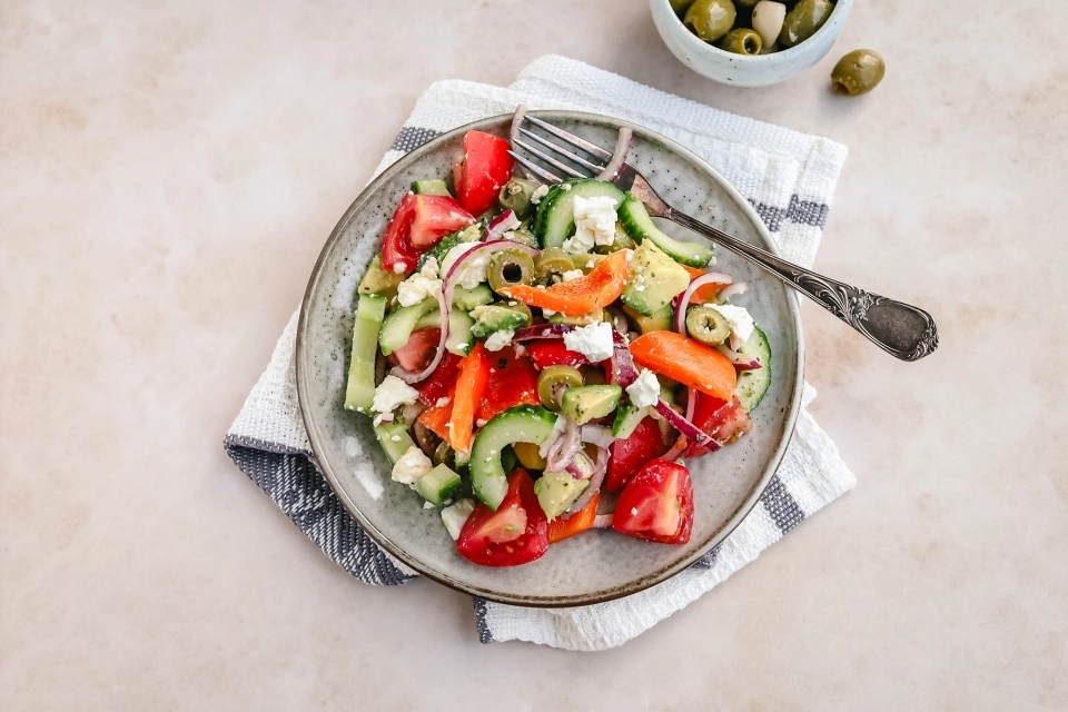Greek salad with avocado