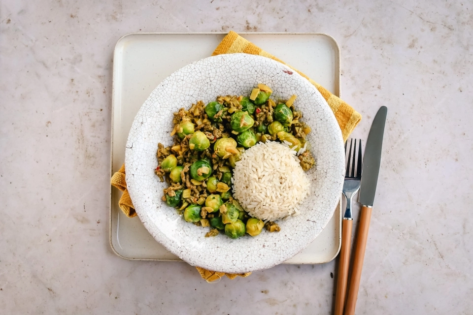 Ground beef & Brussels sprouts rice stir-fry