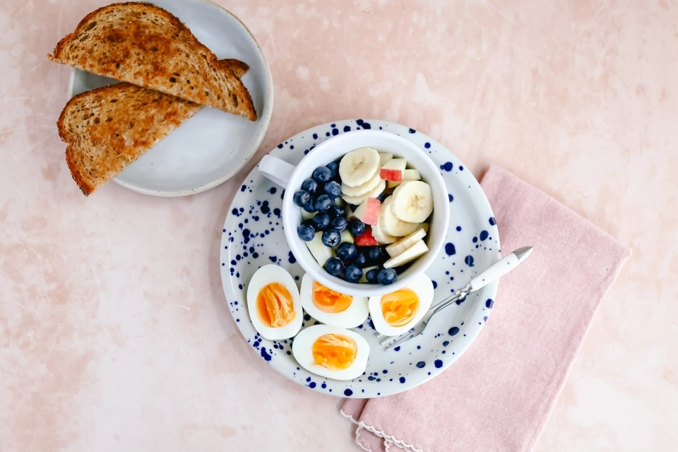 Hard-boiled eggs & fruit salad