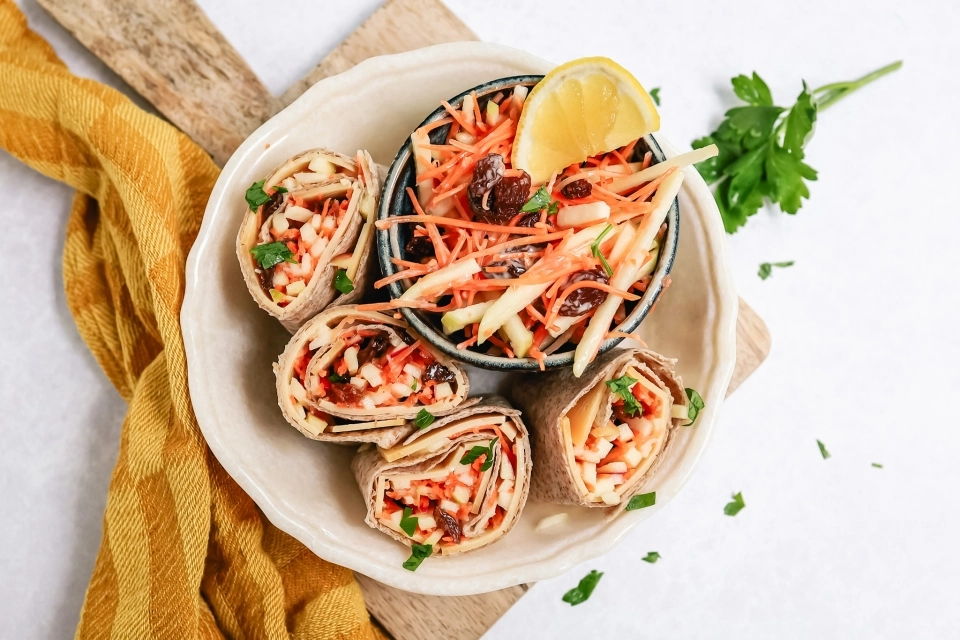 Wrap with cheese & apple-carrot salad