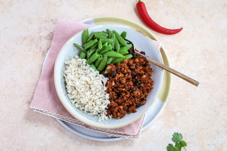 Rice with ground beef, black & green beans