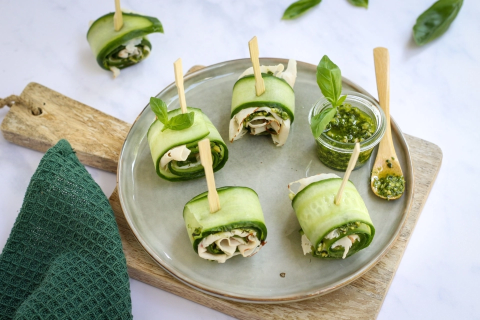 Cucumber roll-ups with turkey breast & pesto