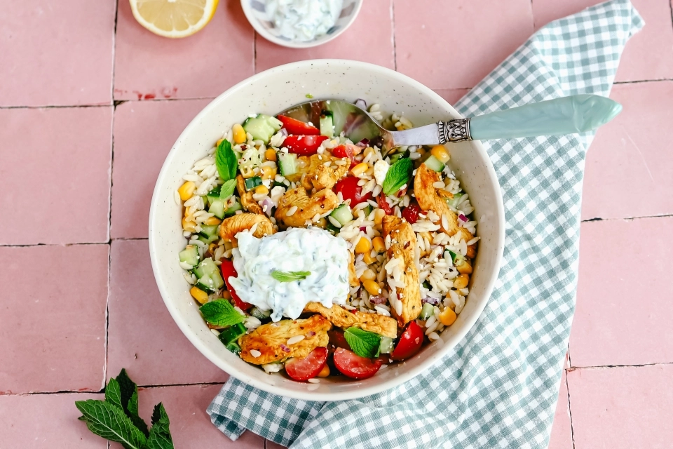 Orzo salad with feta, chicken & tzatziki
