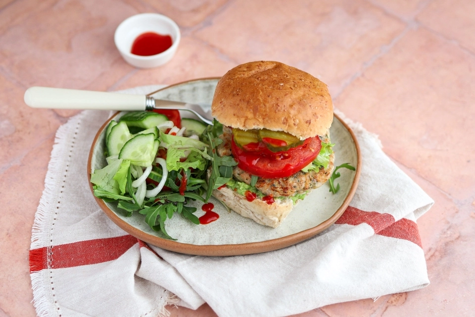 Healthy turkey burger with avocado spread