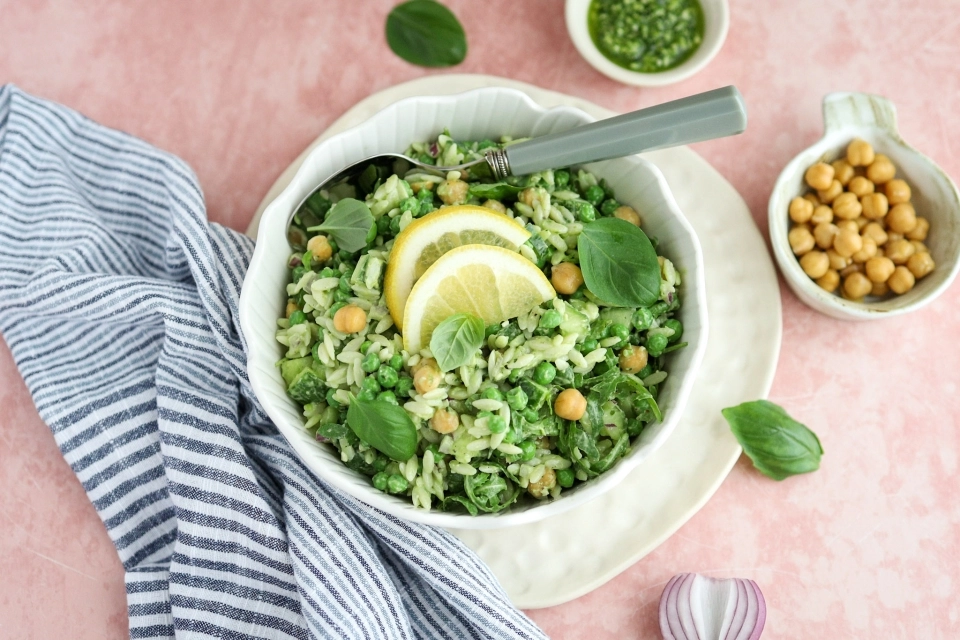 Orzo salad with peas, chickpeas & avocado dressing