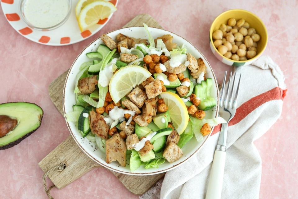 Caesar salad with plant-based chicken