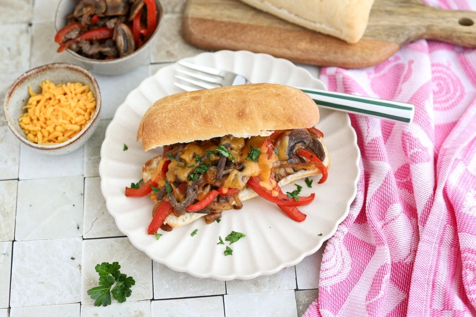 Healthy Philly cheesesteak with beef strips