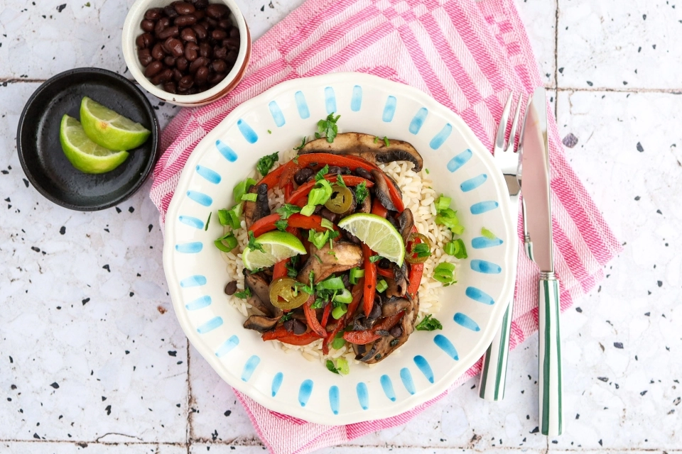 Mexican rice bowl with portobello & black beans