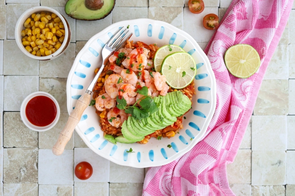 Mexican rice bowl with shrimp, avocado & salsa