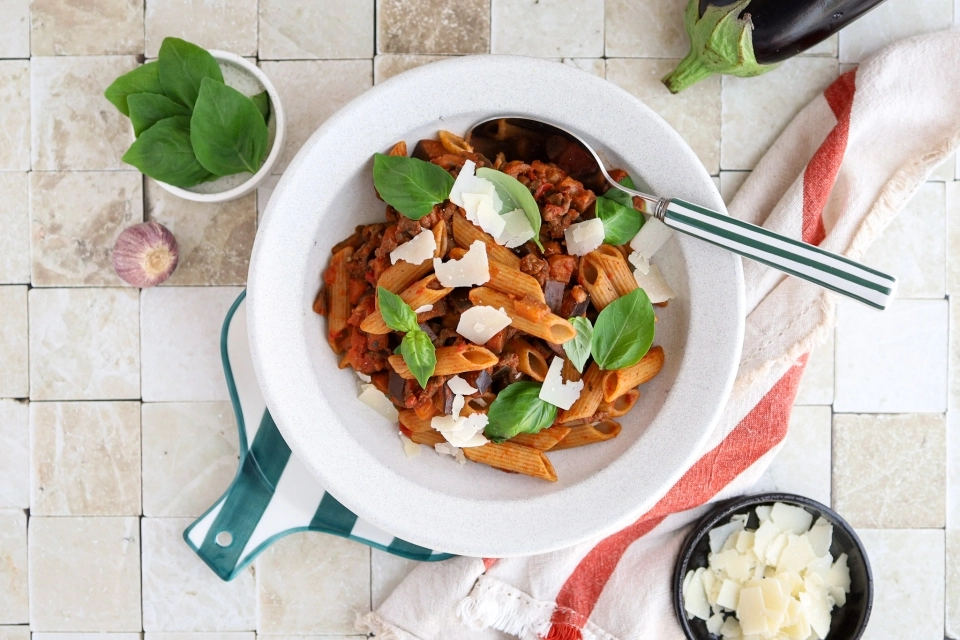 Penne with eggplant & ground beef