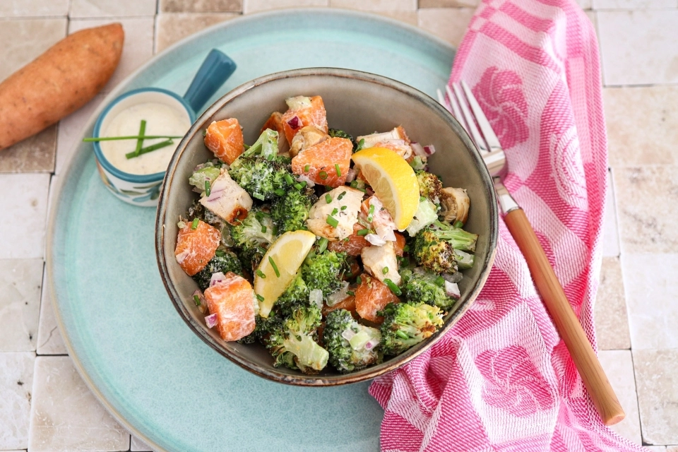 Sweet potato & roasted broccoli salad with chicken