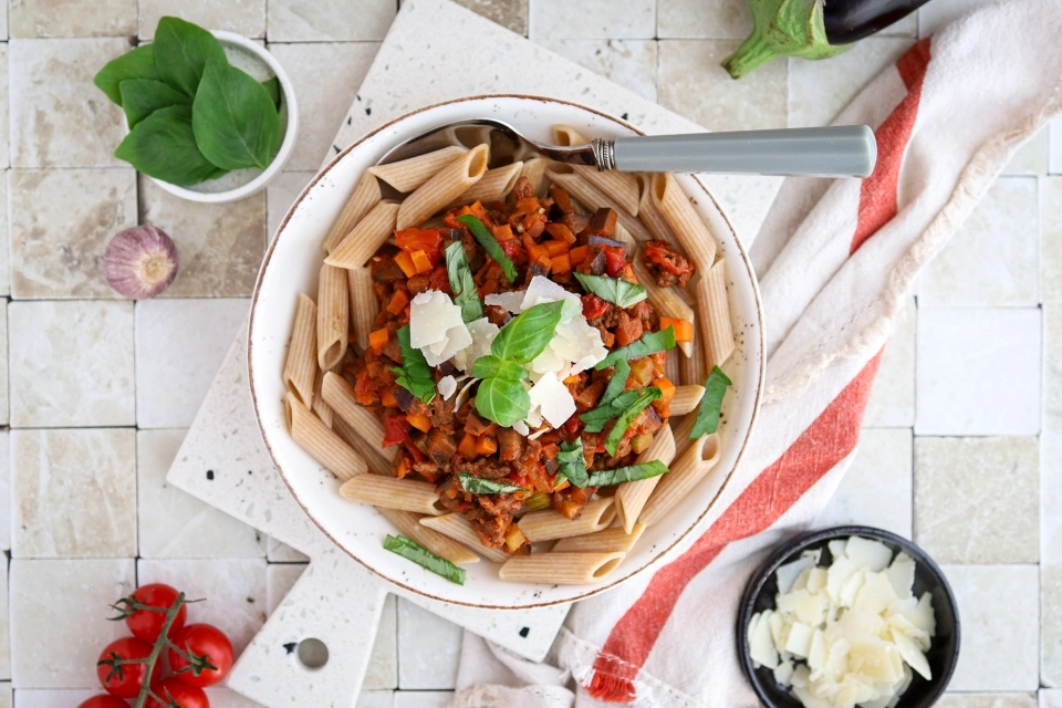 Penne with eggplant & Bolognese sauce