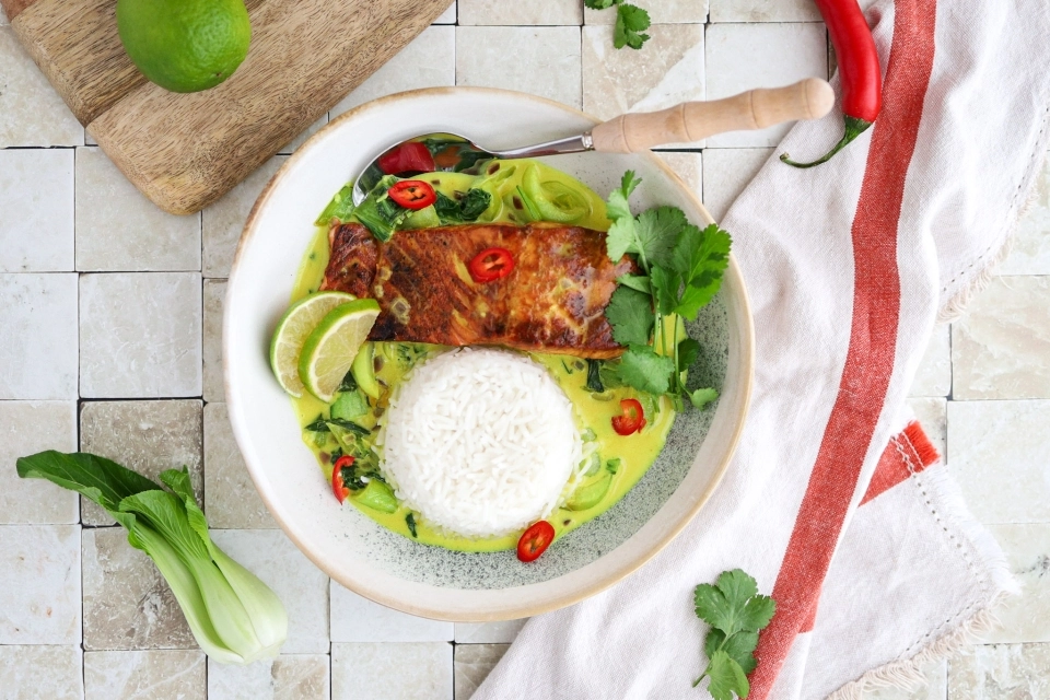 Coconut salmon with bok choy & rice